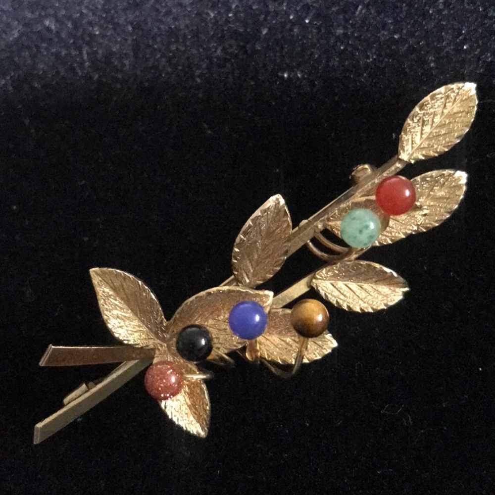 Vintage Jeweled Leaf Branch Brooch